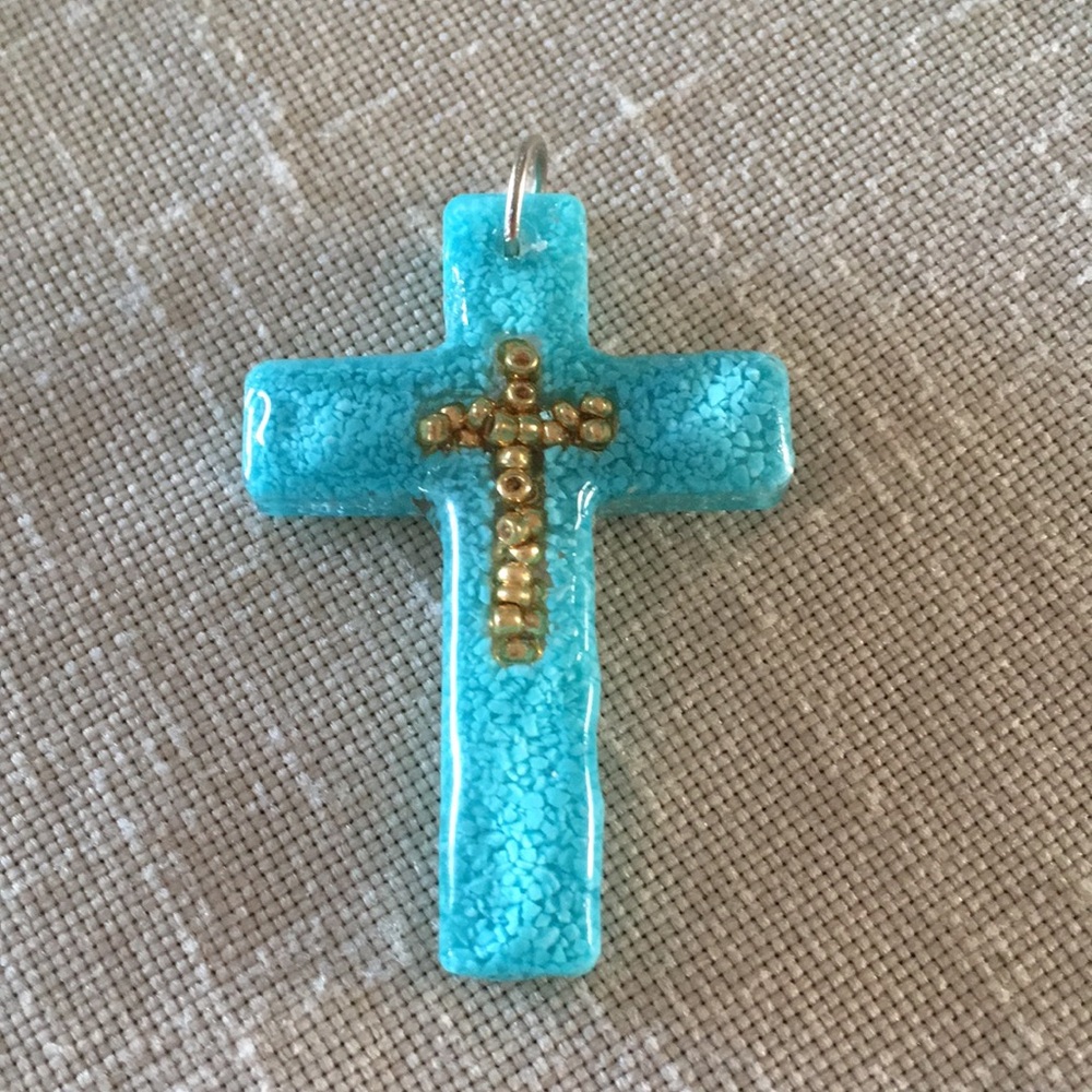 Turquoise Cross Pendant with Gold Beads